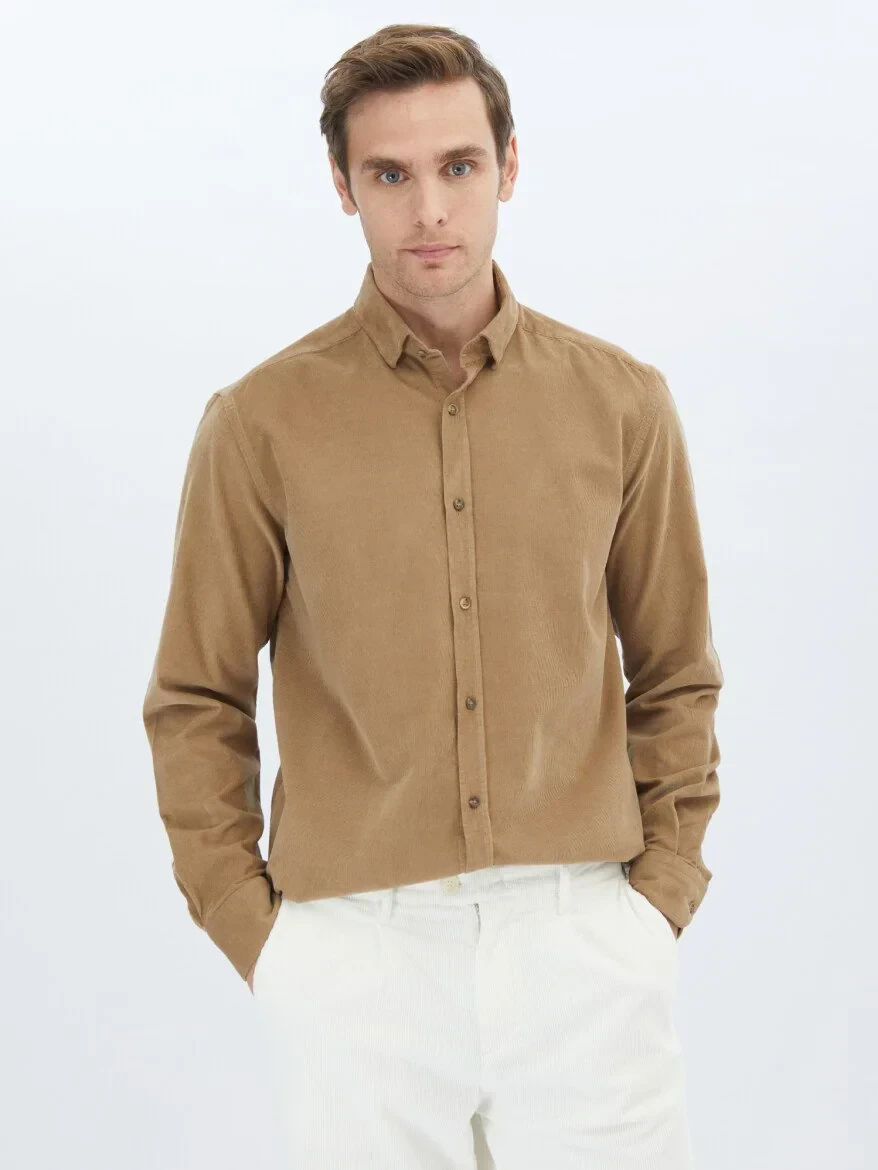 Dark Mink Ribbed Regular Fit Weaving Casual 100% Cotton Shirt - 1