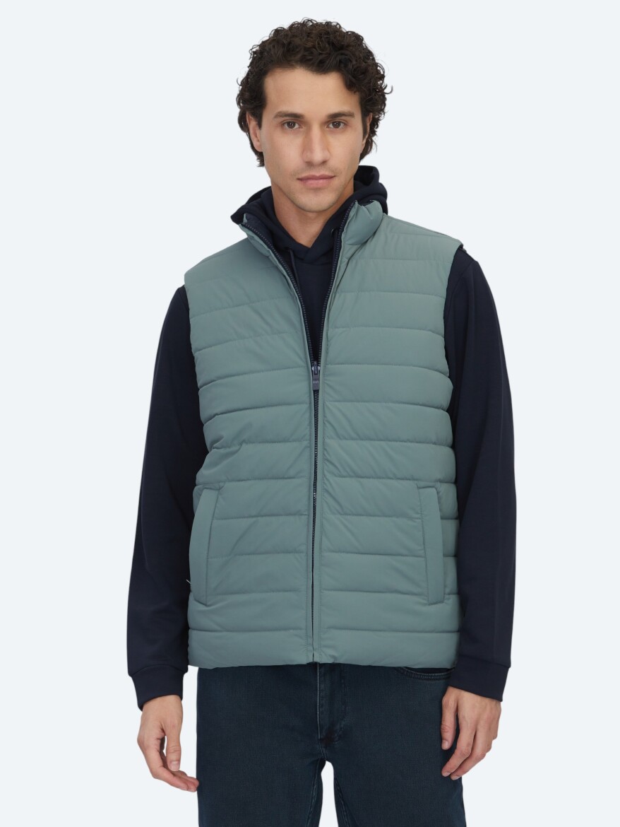 Dark Mint Regular Fit Turtleneck Casual Weaving Puffer Vest - 2