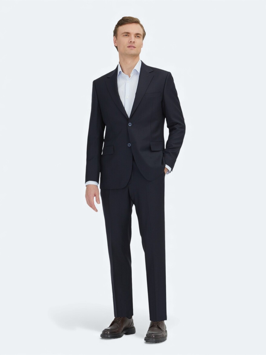 Dark Navyblue Micro Modern Fit 100% Wool Suit - KİP