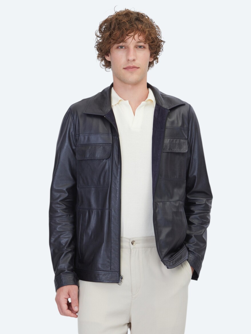 Dark Navyblue Regular Fit Shirt Collar Smart Casual Double-Sided Leather Coat - 4