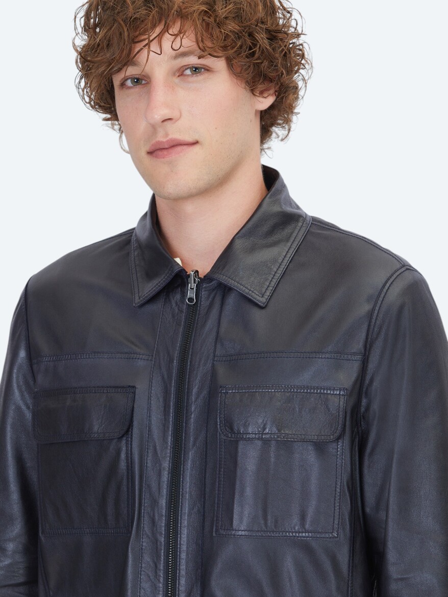 Dark Navyblue Regular Fit Shirt Collar Smart Casual Double-Sided Leather Coat - 6