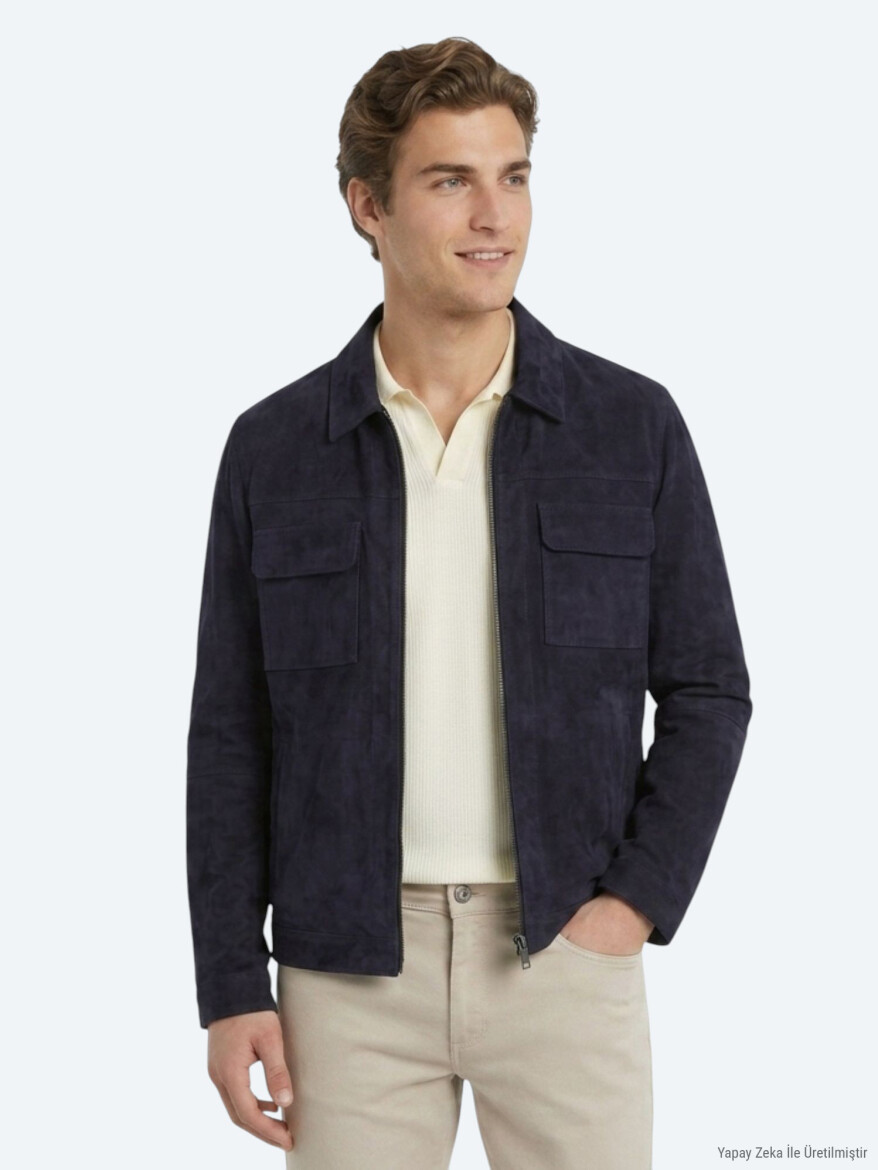 Dark Navyblue Regular Fit Shirt Collar Smart Casual Double-Sided Leather Coat - 6