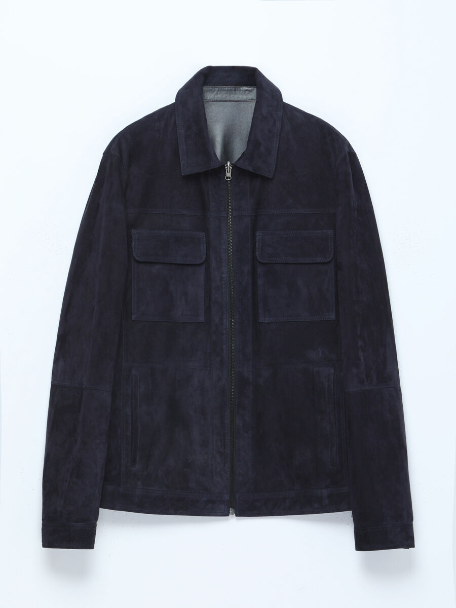 Dark Navyblue Regular Fit Shirt Collar Smart Casual Double-Sided Leather Coat - 10
