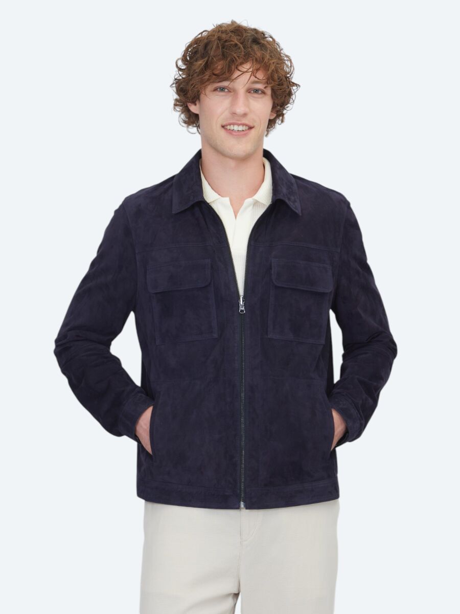 Dark Navyblue Regular Fit Shirt Collar Smart Casual Leather Coat - 1