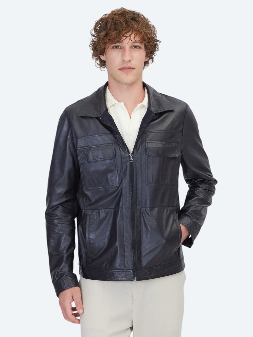 Dark Navyblue Regular Fit Shirt Collar Smart Casual Leather Coat - KİP