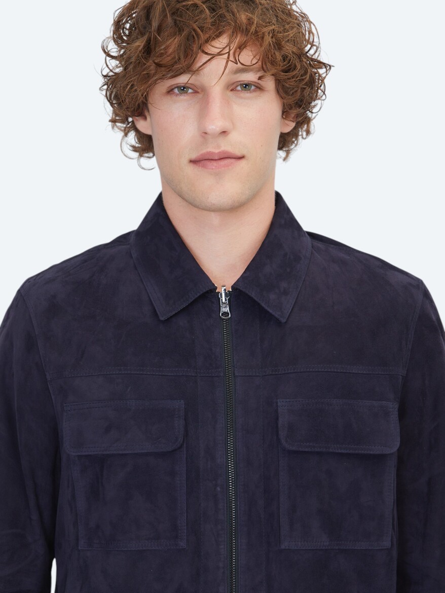 Dark Navyblue Regular Fit Shirt Collar Smart Casual Leather Coat - 5