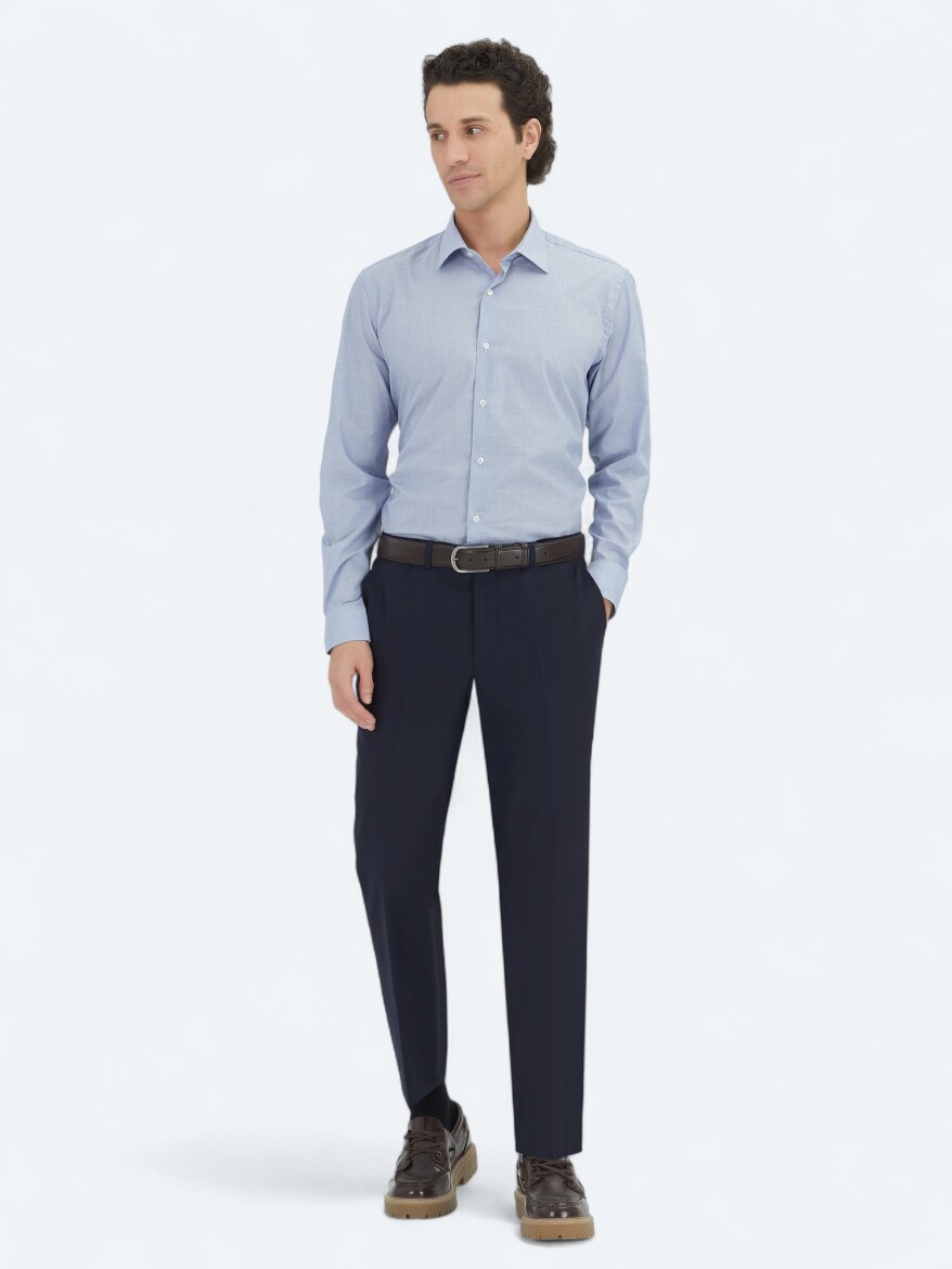 Dark Navyblue Regular Fit Weaving Classical Cotton Blended Shirt - 2