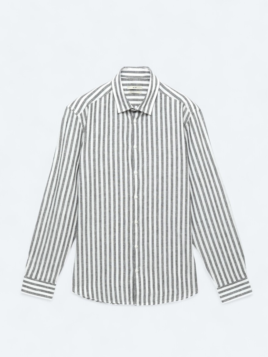 Dark Navyblue Striped Regular Fit Long Weaving Casual Cotton Blended Shirt 