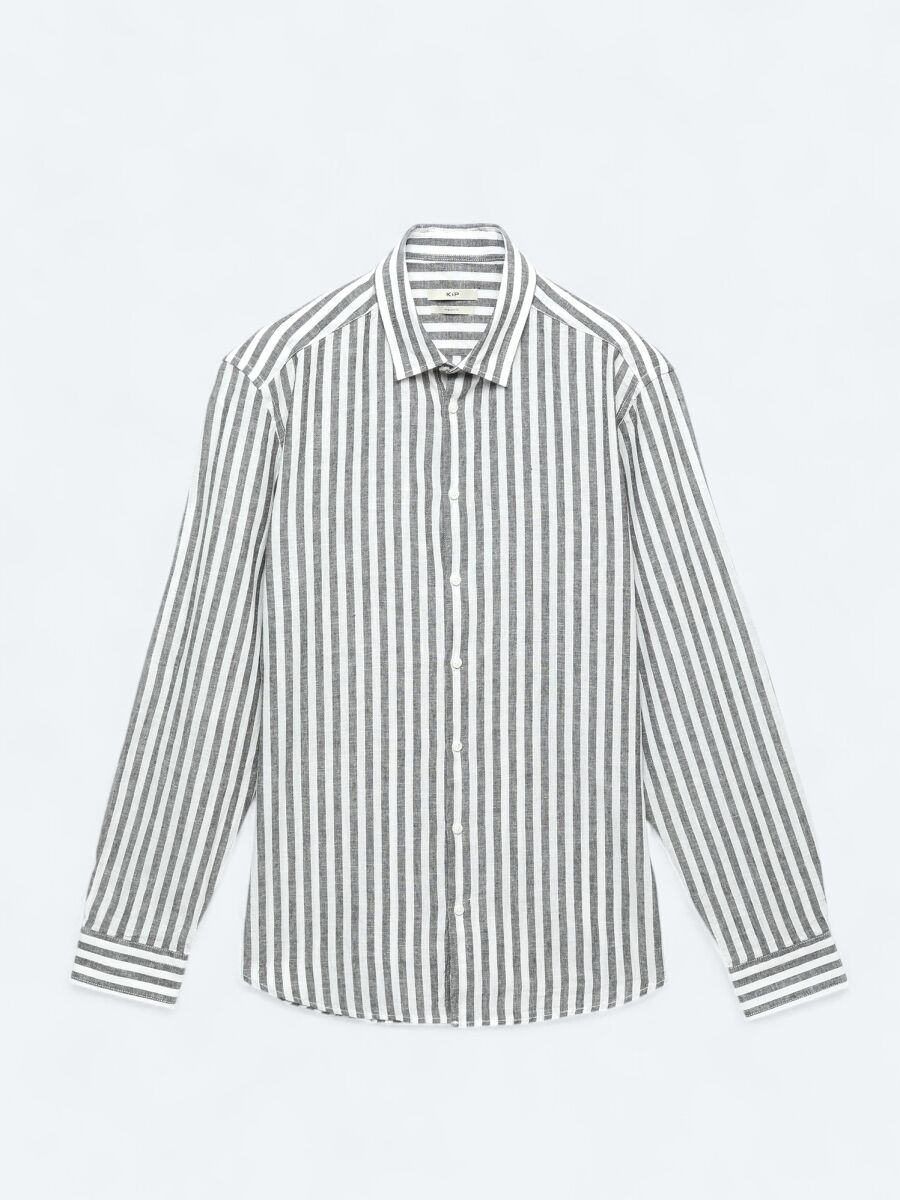 Dark Navyblue Striped Regular Fit Long Weaving Casual Cotton Blended Shirt - 1