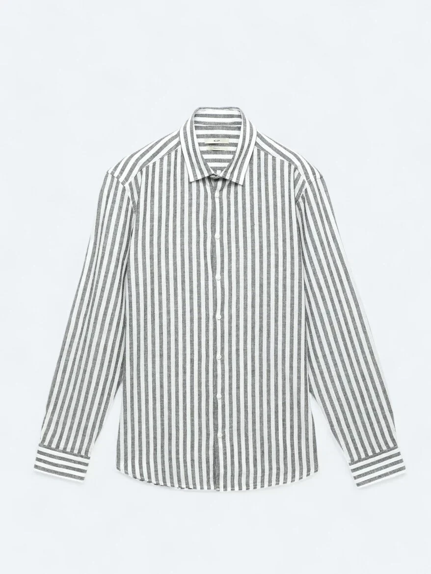 Dark Navyblue Striped Regular Fit Weaving Casual Cotton Blended Shirt 