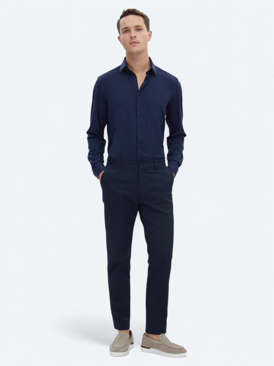Dark Navyblue Weaving Regular Fit Casual Cotton Blended Trousers 