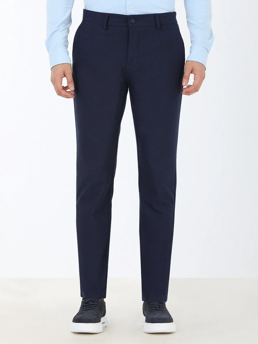 Dark Navyblue Weaving Slim Fit Casual Trousers - 1