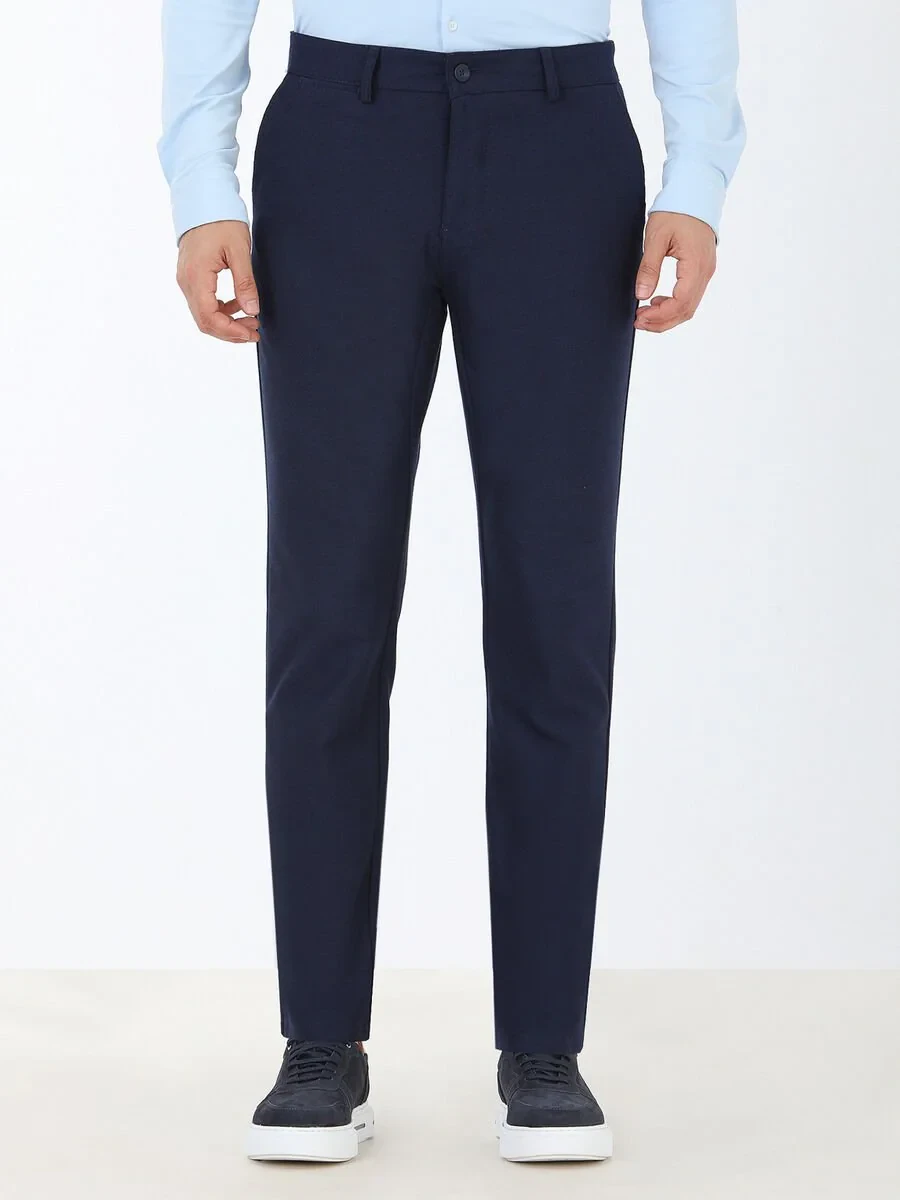 Dark Navyblue Weaving Slim Fit Casual Trousers - 1