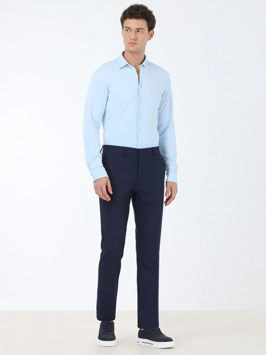 Dark Navyblue Weaving Slim Fit Casual Trousers - 2