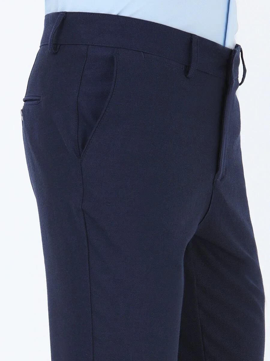 Dark Navyblue Weaving Slim Fit Casual Trousers - 3