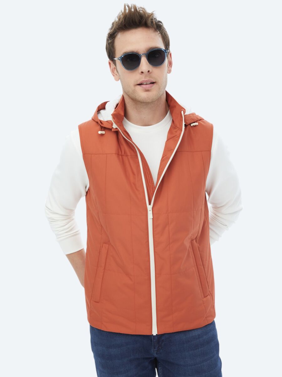 Dark Orange Regular Fit Hooded Casual Weaving Puffer Vest - 1