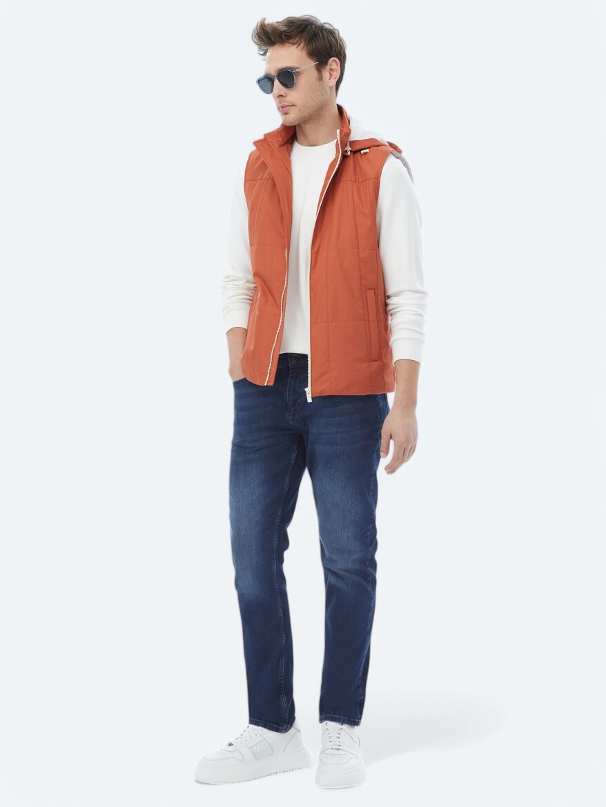 Dark Orange Regular Fit Hooded Casual Weaving Puffer Vest - 2