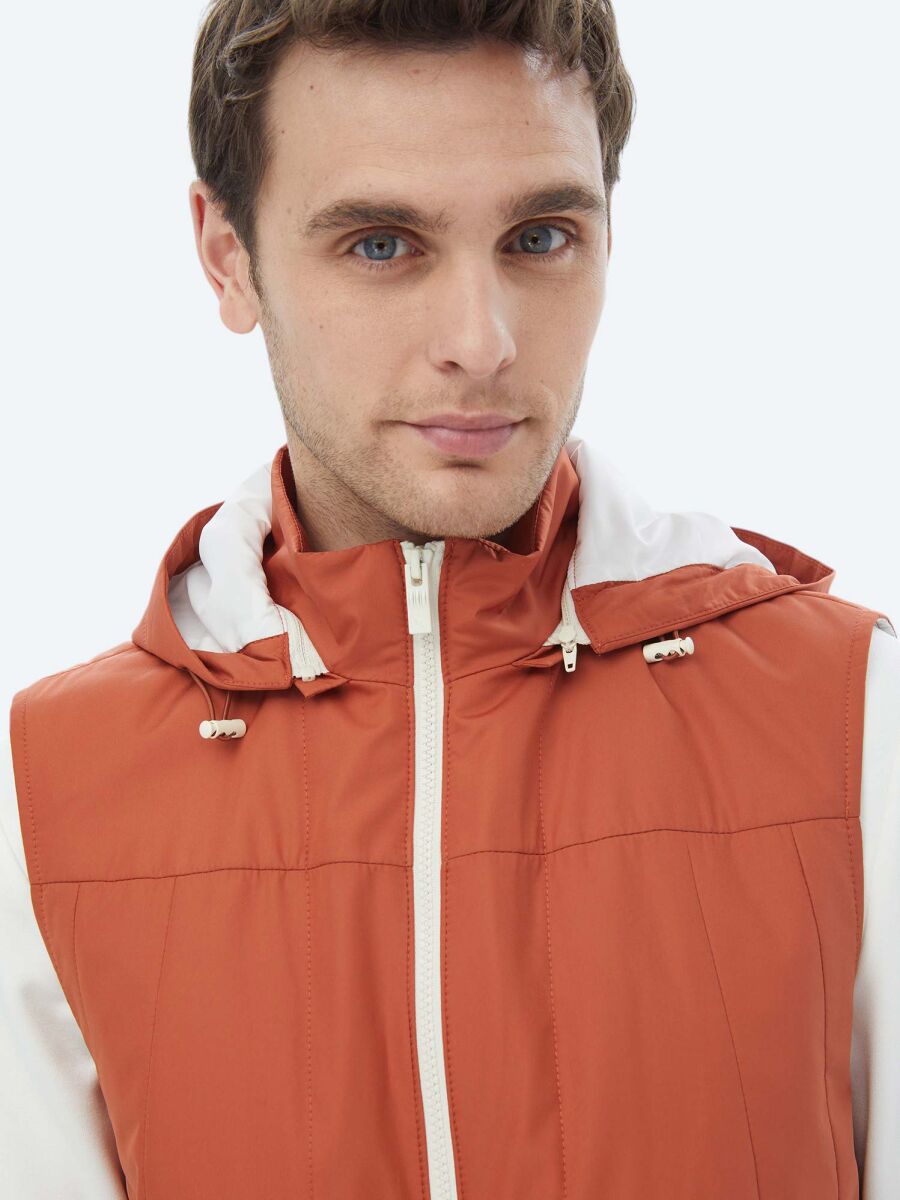 Dark Orange Regular Fit Hooded Casual Weaving Puffer Vest - 6