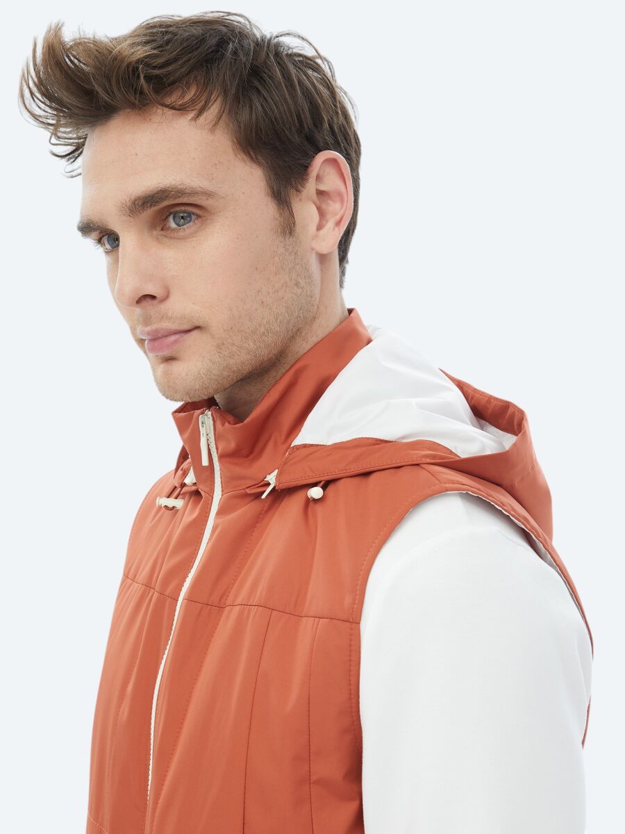 Dark Orange Regular Fit Hooded Casual Weaving Puffer Vest - 7