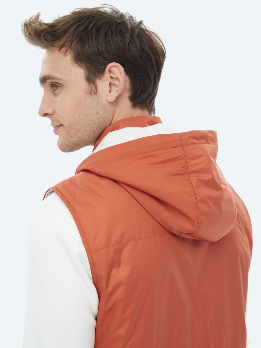 Dark Orange Regular Fit Hooded Casual Weaving Puffer Vest - 8