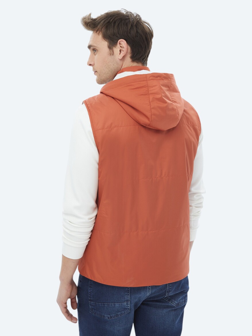 Dark Orange Regular Fit Hooded Casual Weaving Puffer Vest - 9