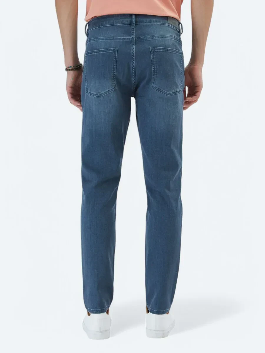 Dark Petrol Blue Slim Fit Denim Cotton Blended Trousers - 4