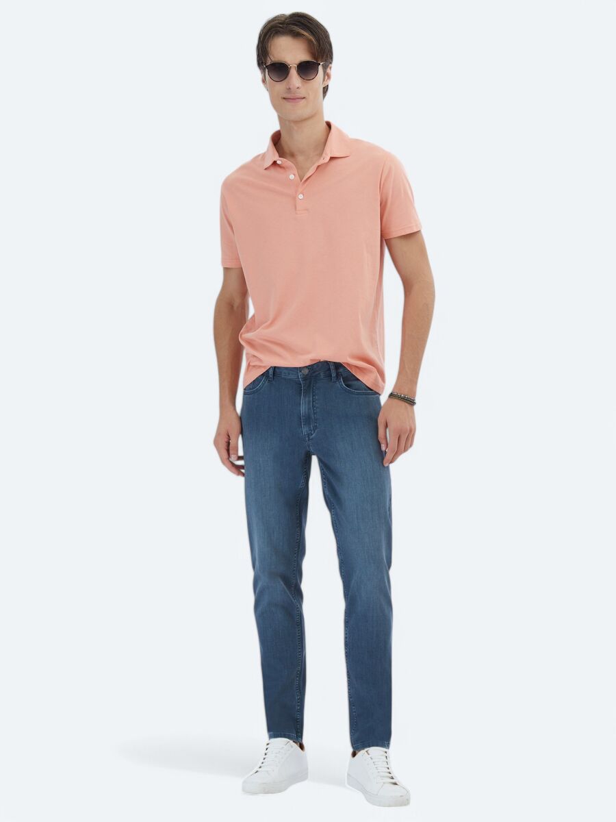 Dark Petrol Blue Slim Fit Denim Cotton Blended Trousers - 1