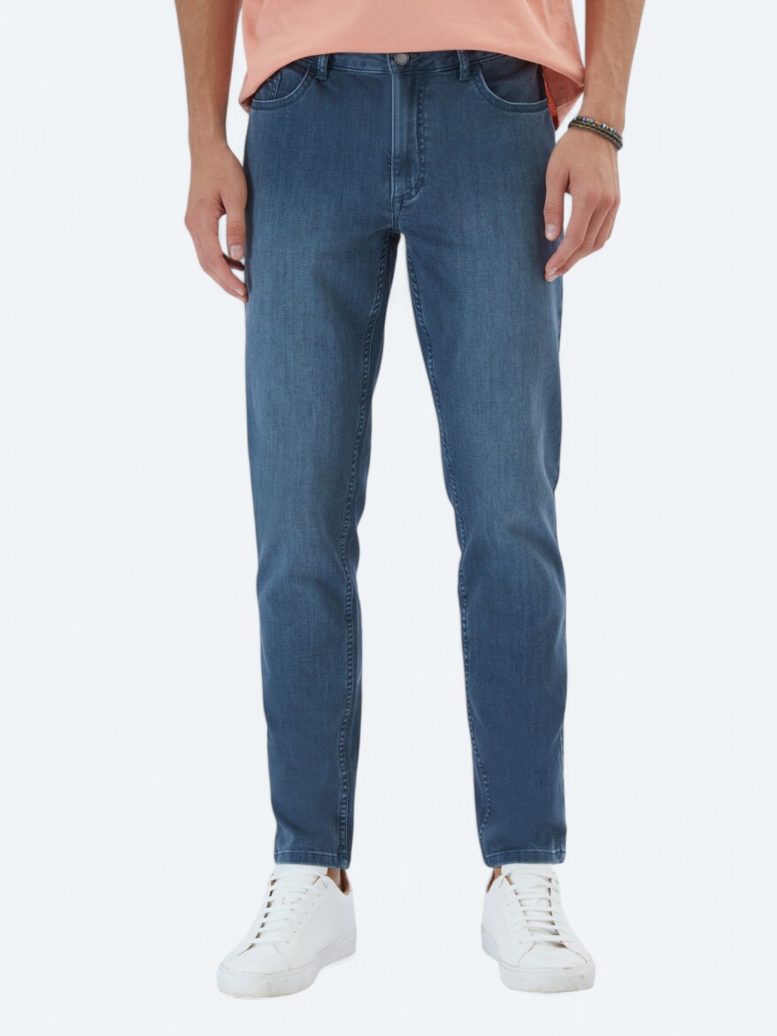 Dark Petrol Blue Slim Fit Denim Cotton Blended Trousers - 2