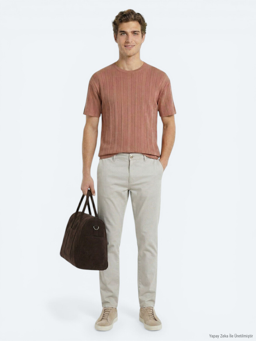 Dark Salmon Striped 100% Cotton T-Shirt - 3