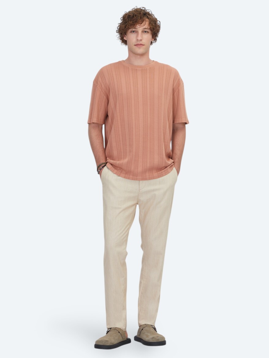 Dark Salmon Striped 100% Cotton T-Shirt - 2