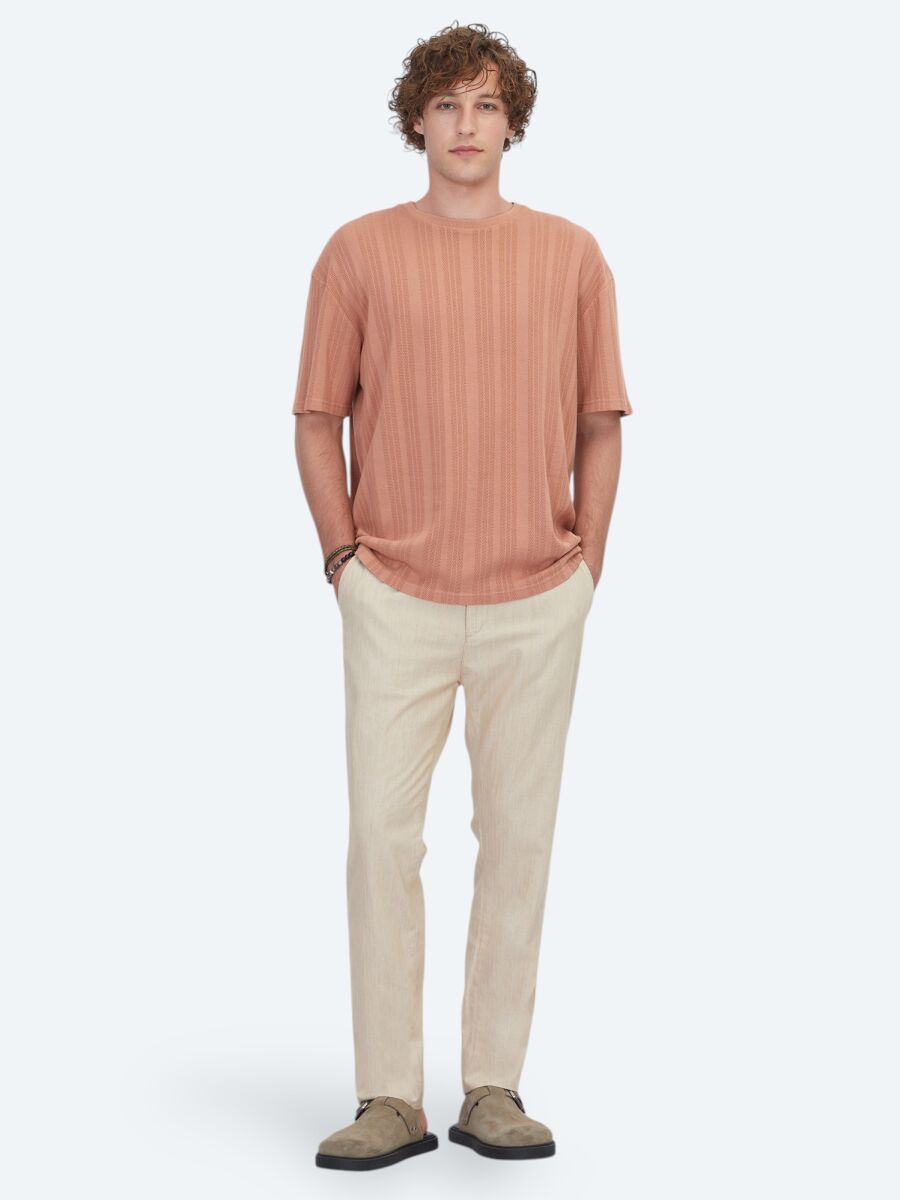 Dark Salmon Striped 100% Cotton T-Shirt - 2