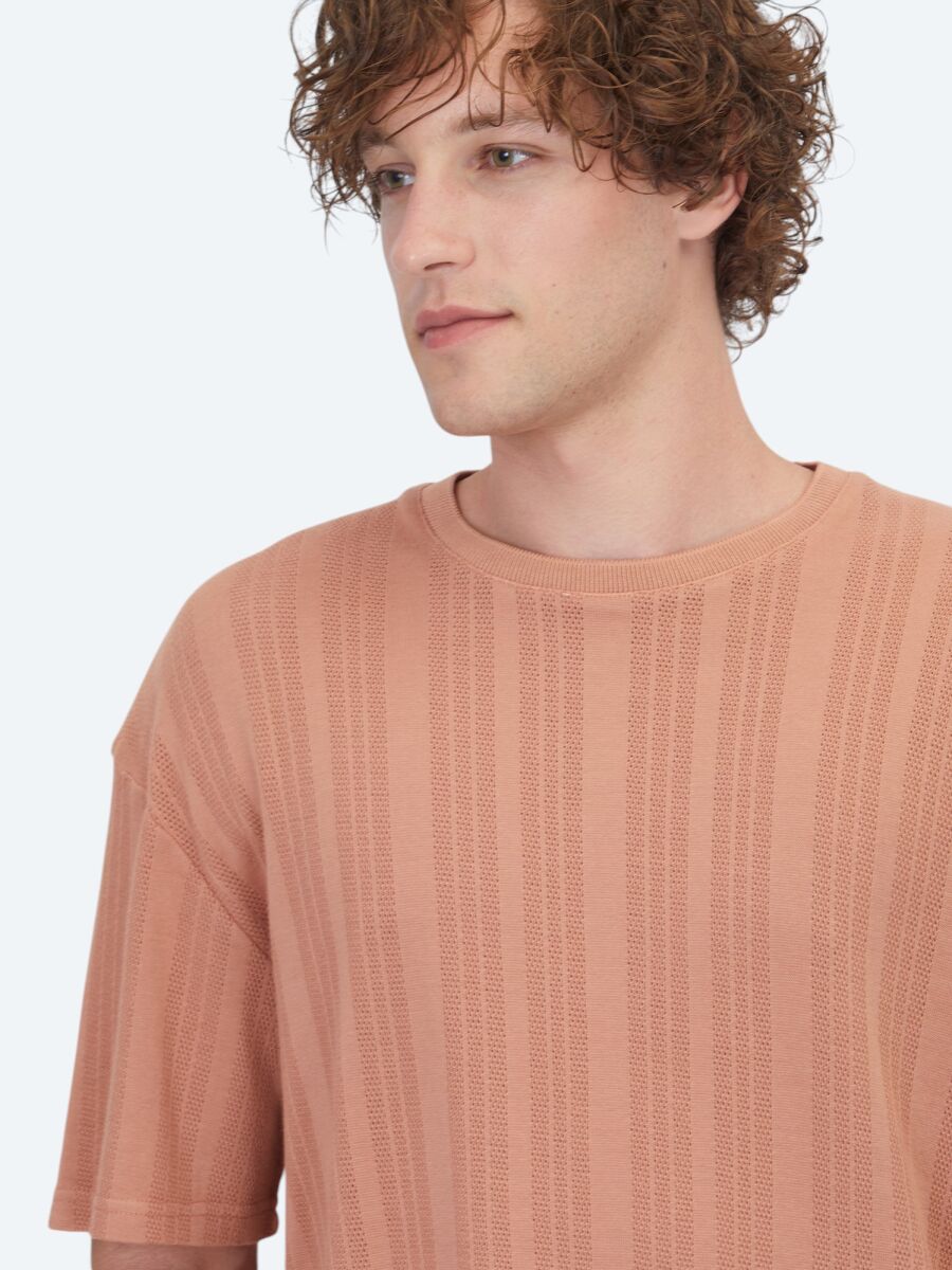 Dark Salmon Striped 100% Cotton T-Shirt - 3