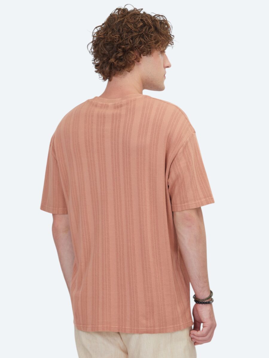 Dark Salmon Striped 100% Cotton T-Shirt - 4