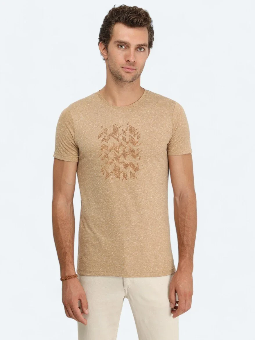 Deve Tüyü Baskılı Bisiklet Yaka Keten Karışımlı T-Shirt - 1
