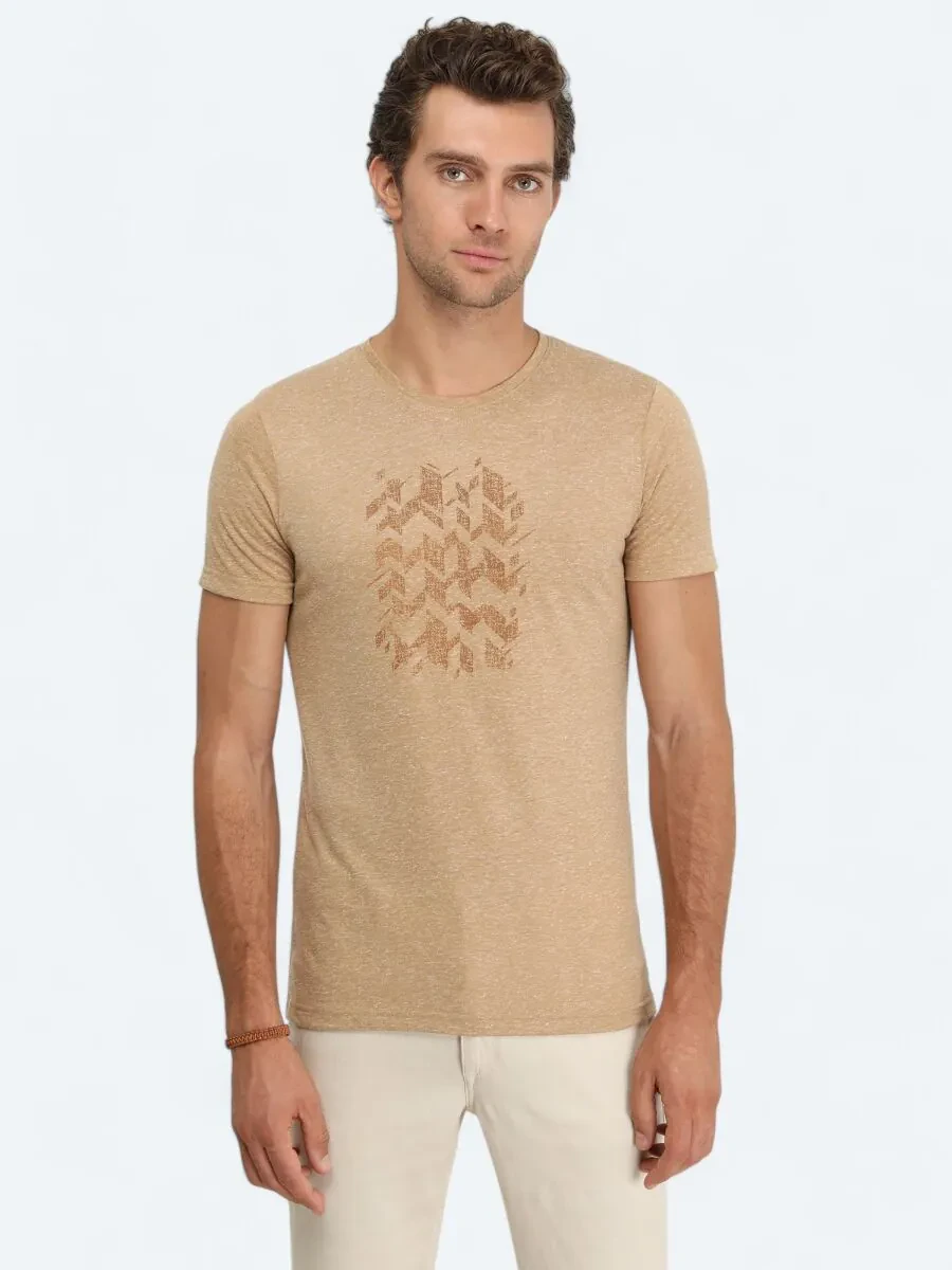 Deve Tüyü Baskılı Bisiklet Yaka Keten Karışımlı T-Shirt - 1