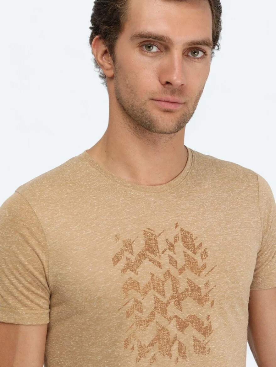 Deve Tüyü Baskılı Bisiklet Yaka Keten Karışımlı T-Shirt - 3