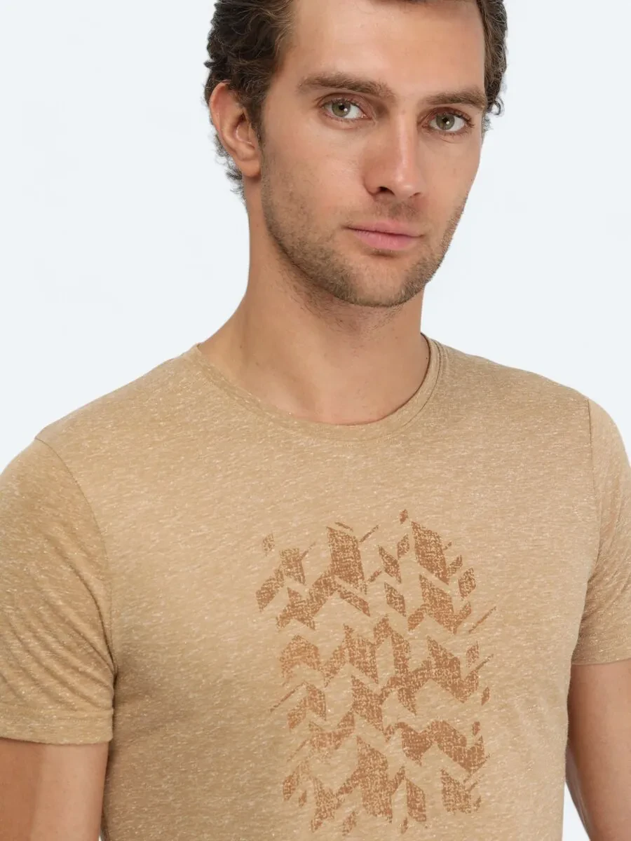 Deve Tüyü Baskılı Bisiklet Yaka Keten Karışımlı T-Shirt - 3