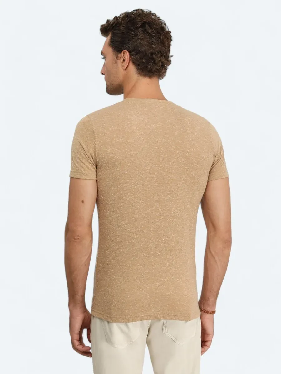 Deve Tüyü Baskılı Bisiklet Yaka Keten Karışımlı T-Shirt - 4