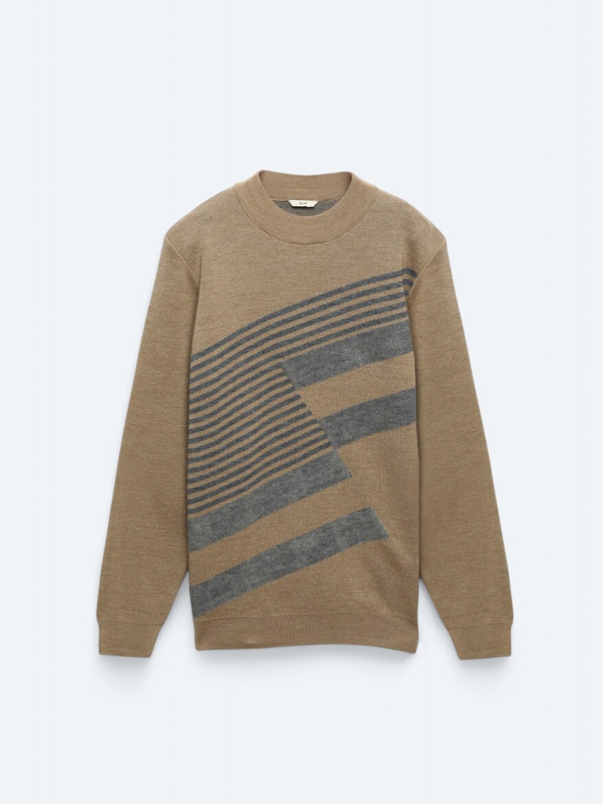 Deve Tüyü Bisiklet Yaka Desenli Yün Karışımlı Triko Kazak - 7