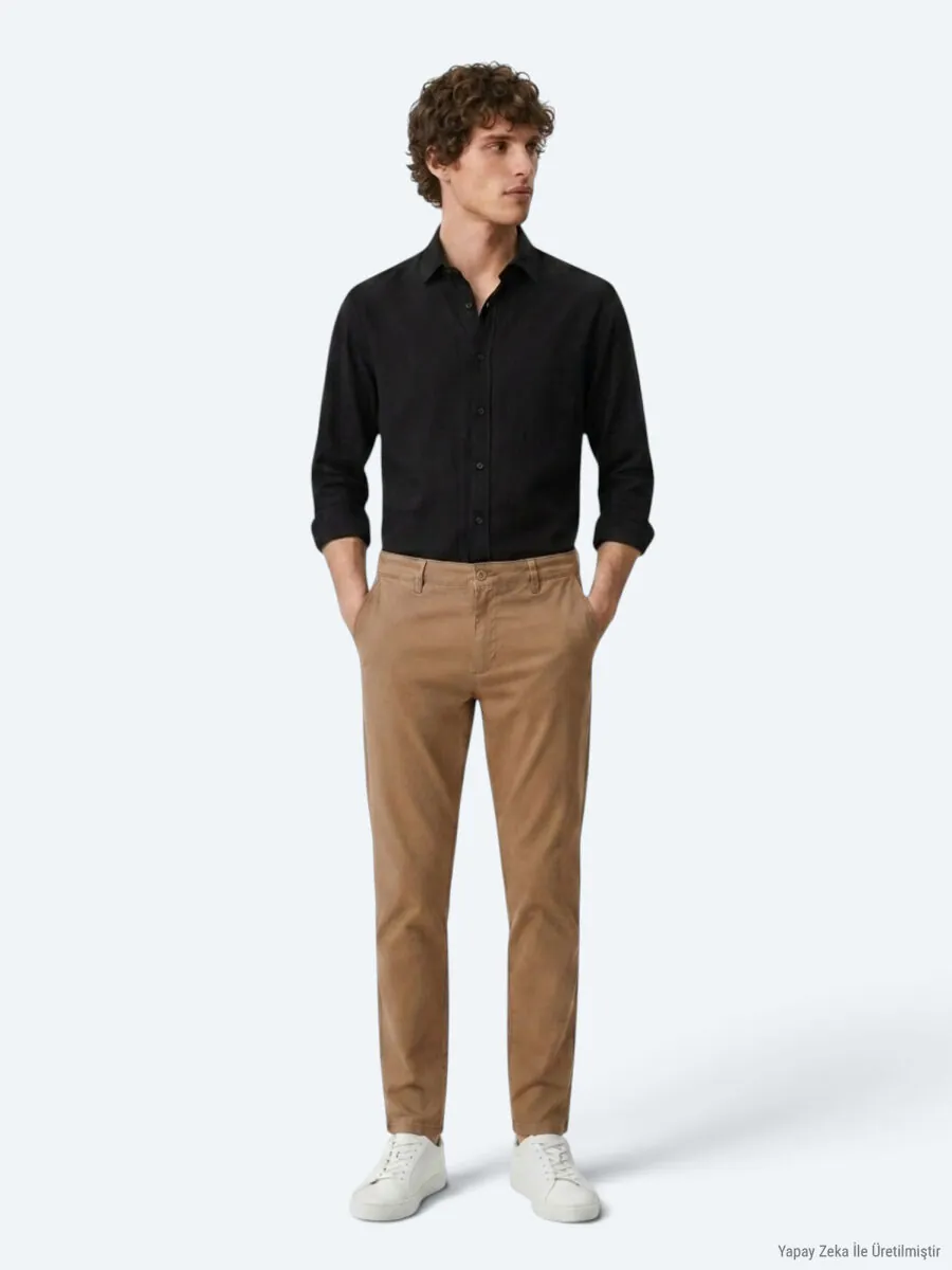 Deve Tüyü Düz Dokuma Regular Fit Casual Pamuk Karışımlı Pantolon - 1
