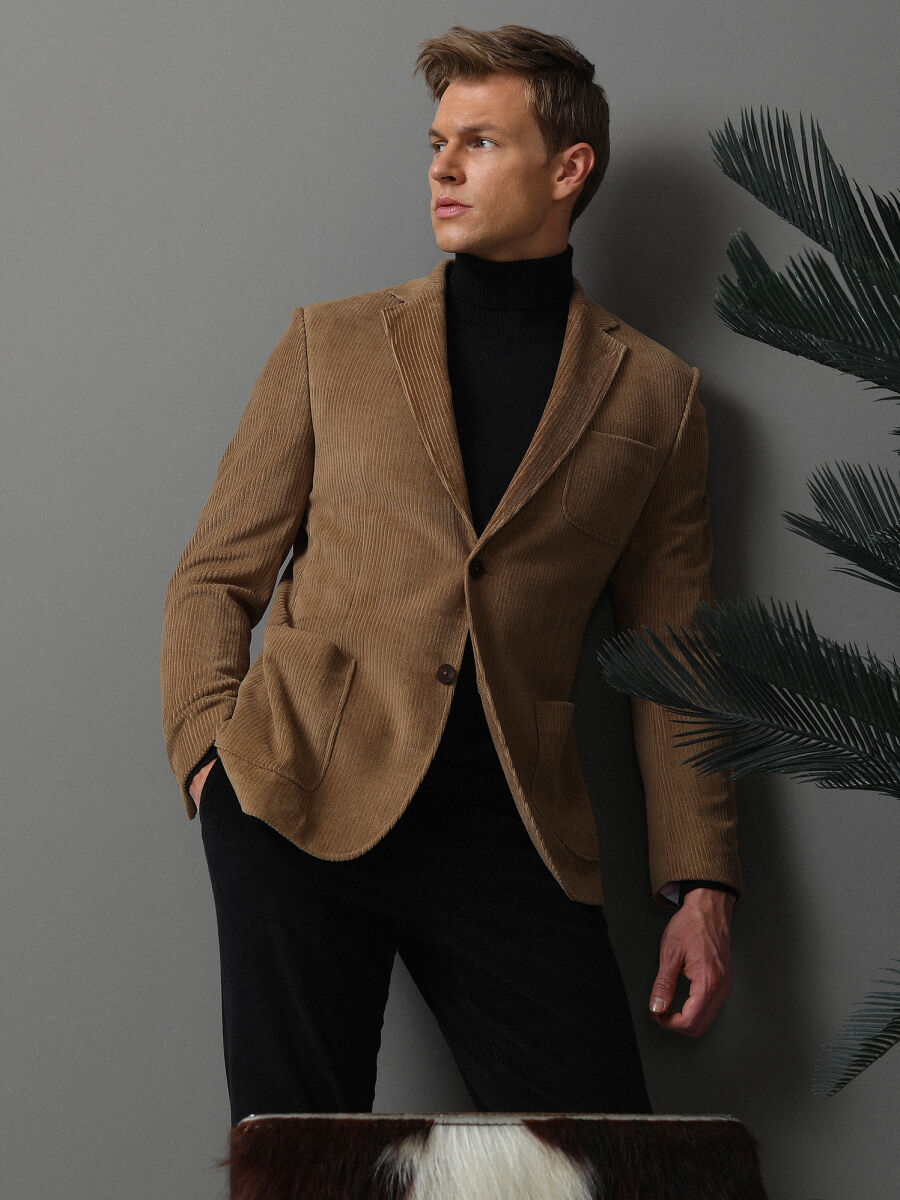 Deve Tüyü Fitilli Modern Fit Pamuk Karışımlı Örme Ceket - 1