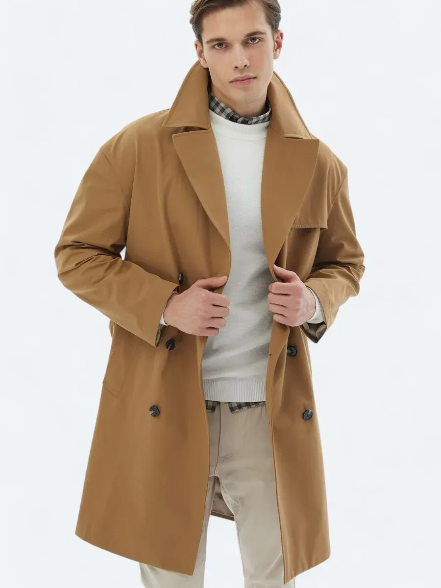 Deve Tüyü Oversize Fit Kruvaze Yaka Casual Dokuma Pardesü - 3