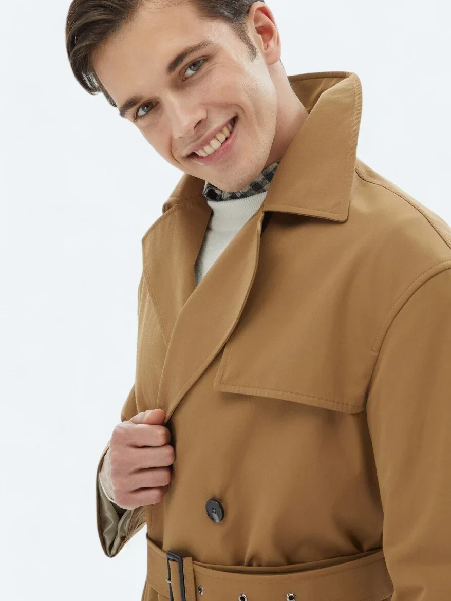 Deve Tüyü Oversize Fit Kruvaze Yaka Casual Dokuma Pardesü - 4
