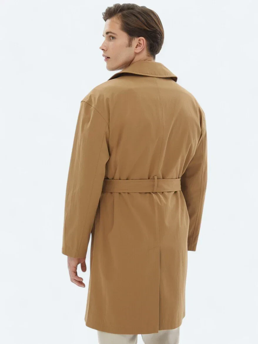 Deve Tüyü Oversize Fit Kruvaze Yaka Casual Dokuma Pardesü - 8