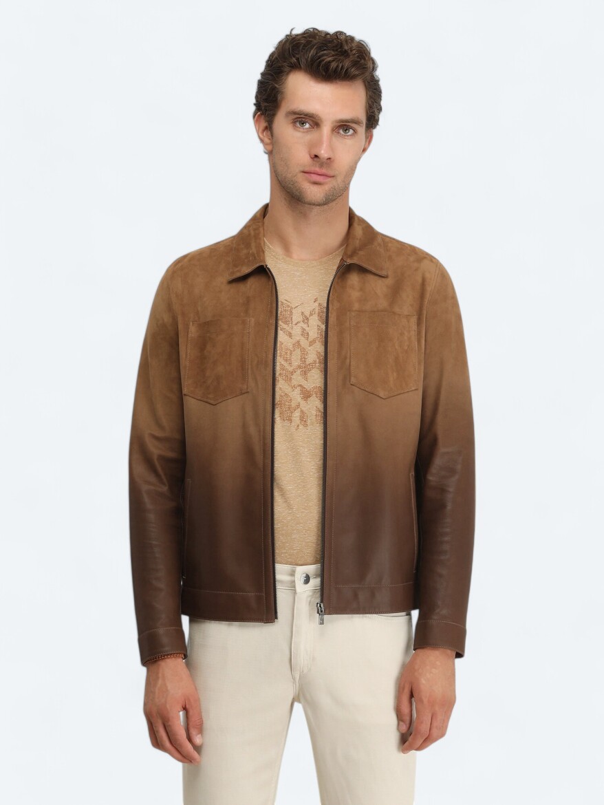 Deve Tüyü Regular Fit Dik Yaka Smart Casual Deri Deri Mont - 1