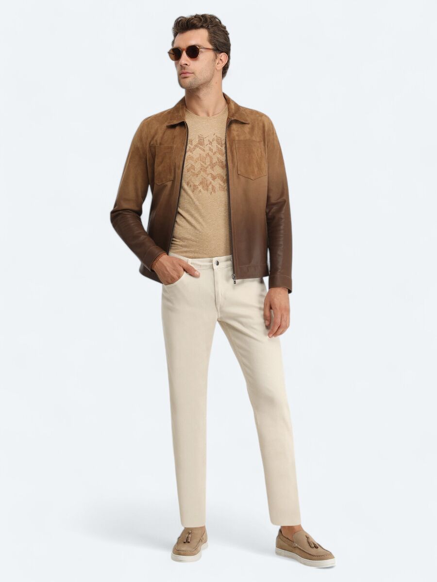 Deve Tüyü Regular Fit Dik Yaka Smart Casual Deri Deri Mont - 2
