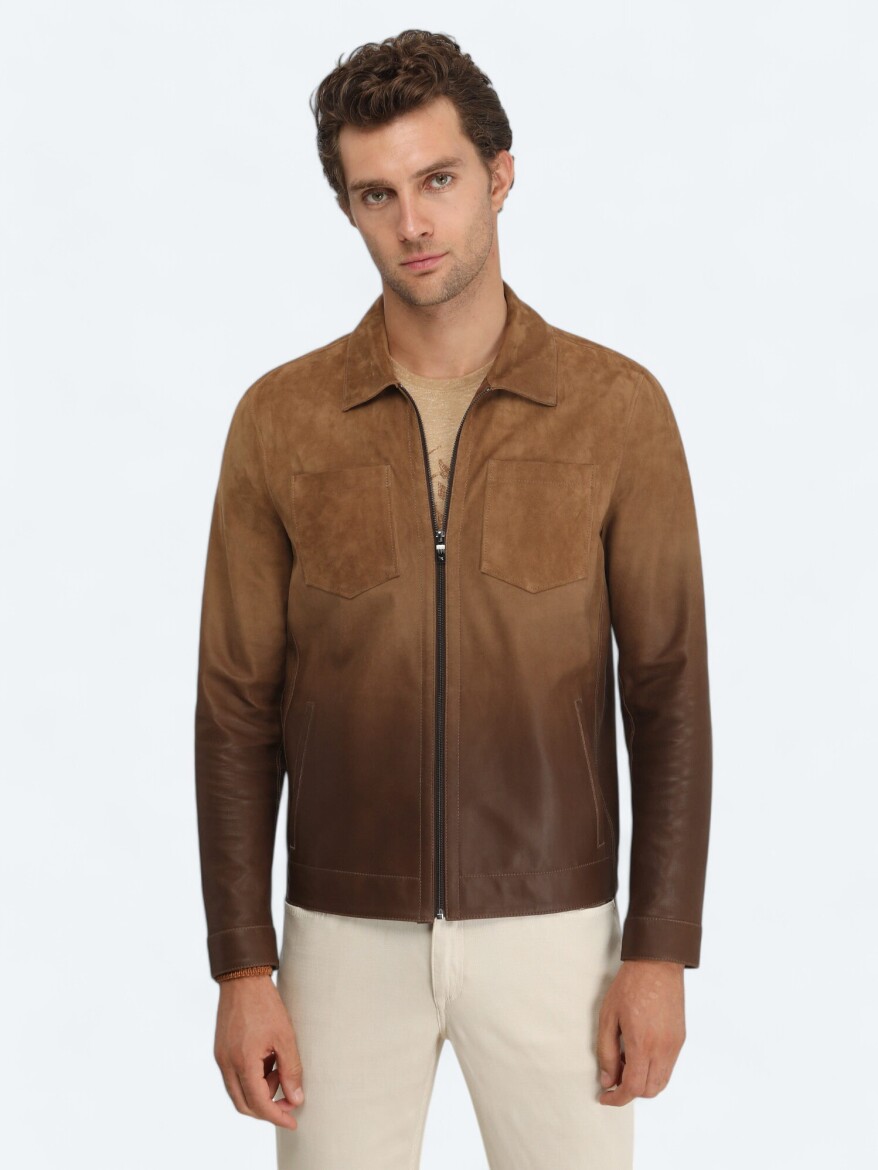 Deve Tüyü Regular Fit Dik Yaka Smart Casual Deri Deri Mont - 4