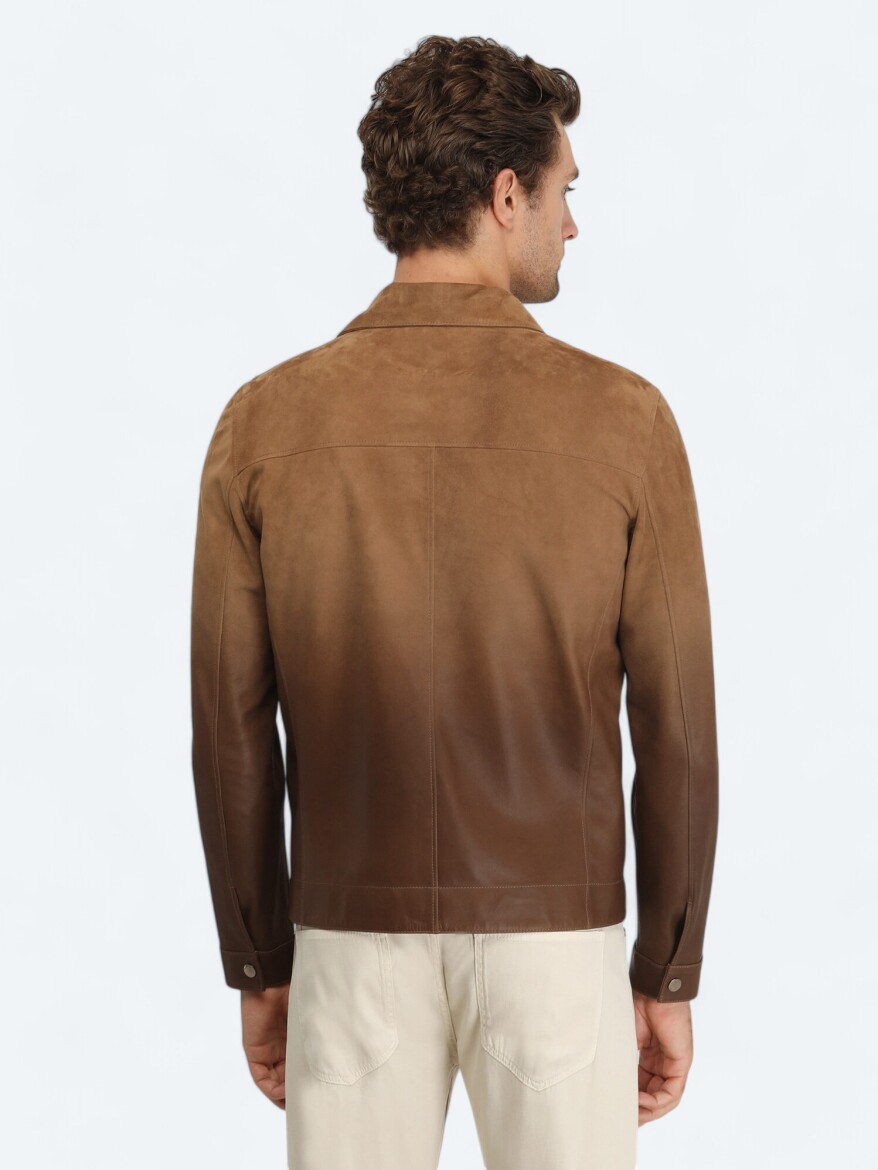 Deve Tüyü Regular Fit Dik Yaka Smart Casual Deri Deri Mont - 5