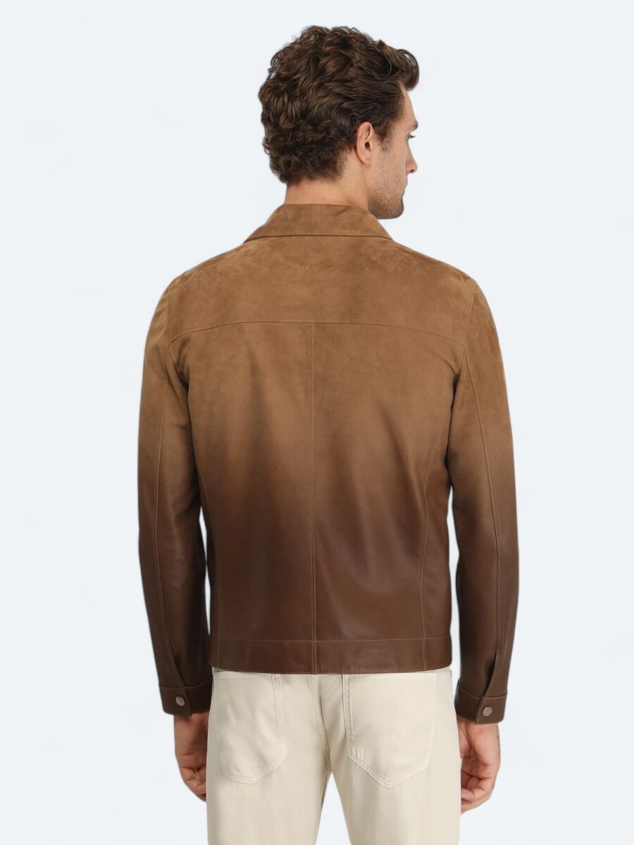 Deve Tüyü Regular Fit Dik Yaka Smart Casual Deri Deri Mont - 5