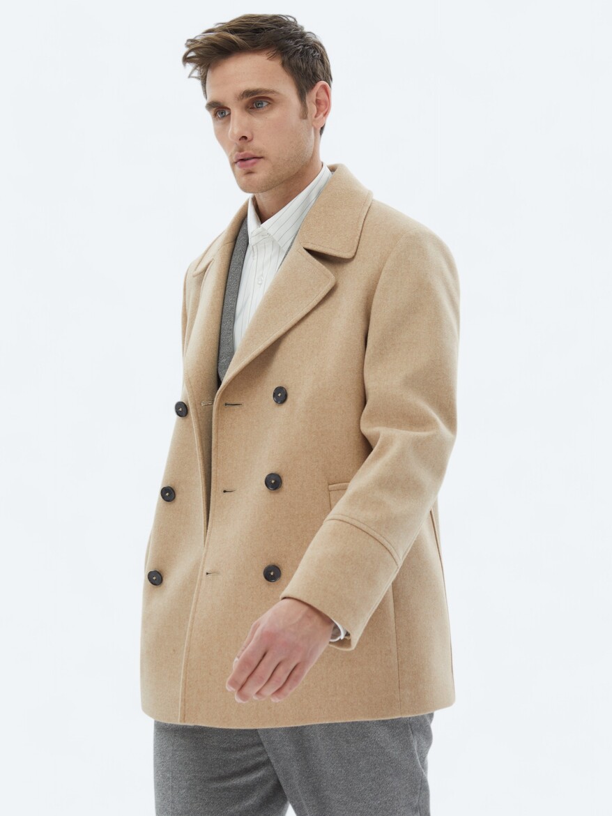 Deve Tüyü Regular Fit Kruvaze Yaka Casual Örme Kaban - 4